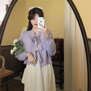 Tie-strap Cardigan / V-neck Lace Midi A-line Dress