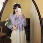 Tie-strap Cardigan / V-neck Lace Midi A-line Dress