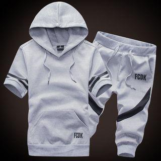 Set : Stripe Short-sleeve Hoodie + Cropped Pants