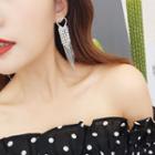 Rhinestone Heart Fringed Earring 1 Pair - Long - Heart & Tassel - Silver - One Size