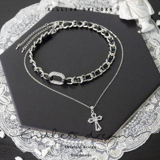 Layered Cross Choker Black & Silver - One Size