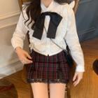 Ruffle Shirt / Plaid Mini Fitted Skirt
