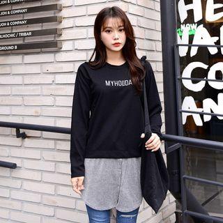 Layered-hem Round-neck Long-sleeve Printed T-shirt