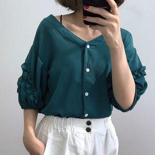 Frill Trim Elbow-sleeve V-neck Chiffon Blouse