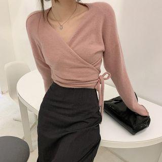 V-neck Lace-up Long-sleeve Cardigan / High-waist Slit Midi Skirt