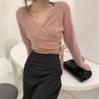 V-neck Lace-up Long-sleeve Cardigan / High-waist Slit Midi Skirt