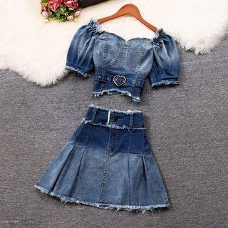 Set: Short-sleeve Heart Buckle Denim Crop Top + Mini Skirt