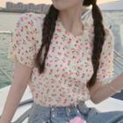 Short-sleeve Half-button Floral Knit Top
