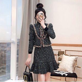 Set: Braided Trim Tweed Blazer + A-line Skirt