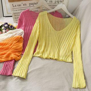 Cropped V-neck Sheer Light Knit Top