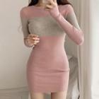 Long-sleeve Color Block Mini Knit Dress Pink - One Size