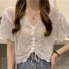 Short-sleeve V-neck Ruched Front Knit Crop Top