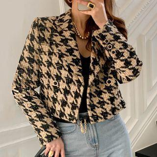 Double-breasted Houndstooth Fleece-line Cropped Blazer As Shown As Figure - One Size