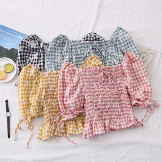 Daisy-print Checker Smocked Crop Blouse