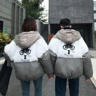 Couple Matching Color Block Printed Hooded Padded Coat