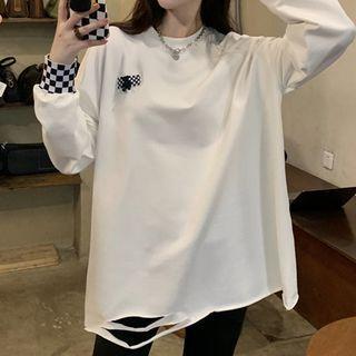Distressed Checkerboard Cuff Long-sleeve T-shirt