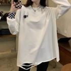 Distressed Checkerboard Cuff Long-sleeve T-shirt
