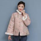 Embroidered Fluffy Trim Frog-buttoned Jacket