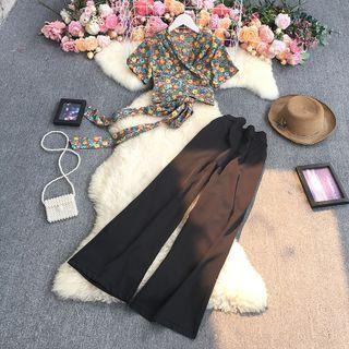 Set: Short-sleeve Printed Blouse + Wide Leg Pants
