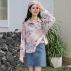 Flower Print Shirt Floral - White & Purple Pink - One Size