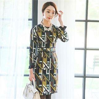 Frill-sleeve Patterned Sheath Dress