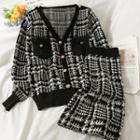 Set: Plaid Loose Cardigan + Mini Skirt Black - One Size