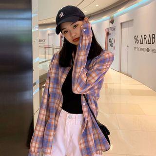 Plaid Oversize Shirt Plaid - Blue & Orange - One Size
