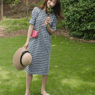 Puff-shoulder Gingham Midi Shift Dress