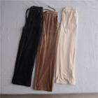 Drawstring-waist Plain Velvet Wide-leg Pants