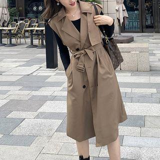 Long-sleeve Knit Top / Double-breasted Sashed Vest