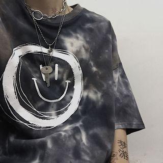 Elbow-sleeve Smiley Face Print T-shirt As Shown In Figure - One Size