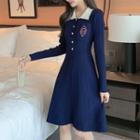 Letter Embroidered Long-sleeve Knit A-line Dress