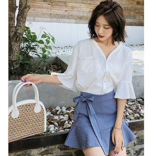 Set: Bell-sleeve Blouse + Pinstriped Mini Mermaid Pencil Skirt