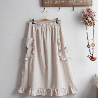 Embroidered Ruffle Midi A-line Skirt