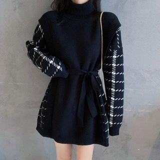 Mock Two-piece Turtleneck Tie-waist Sweater Black - One Size