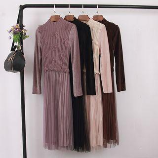 Mock Two-piece Long-sleeve Knit Panel Midi Accordion Pleat Dress