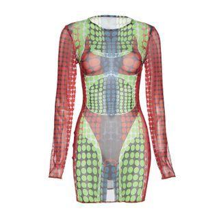 Dotted Long Sleeve Sheath Mini Dress