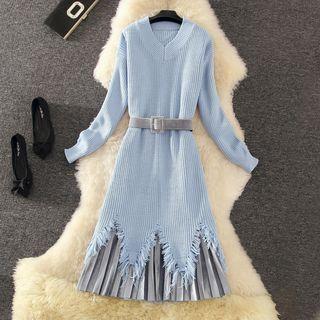 Set: Long-sleeve Knit Dress + Pleated Midi Skirt