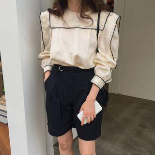 Sailor Collar Contrast Trim Blouse Beige - One Size