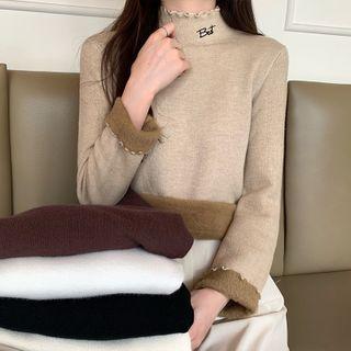 Semi High-neck Ruffled Lettering Knit Top