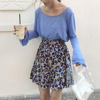 Open Back Long Sleeve Top/high Waist Floral Skirt