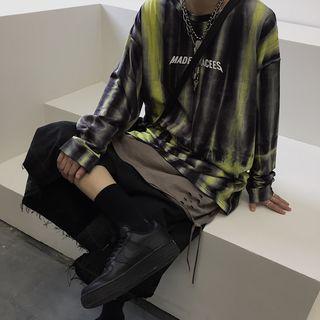 Lettering Dye Print Oversize Long-sleeve T-shirt Dye Print - Gray & Green - One Size