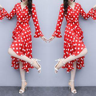Dotted Flared-sleeve Midi A-line Dress