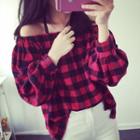 Off-shoulder Check Blouse As Shown In Figure - One Size