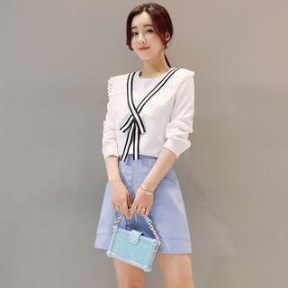 Set: Contrast Trim Long Sleeve Blouse + Zip Front Skirt