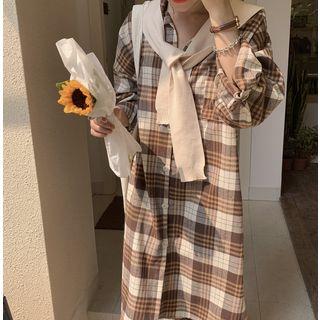 Long-sleeve Plaid Shirt Dress Dress - One Size