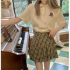 Short-sleeve Bear Embroidered Polo Collar Top / Pleated Plaid Mini Skirt