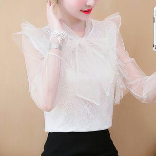 Long-sleeve Ruffled Mesh Lace Paneled Blouse