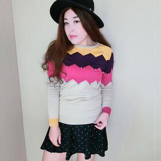 Set: Color Block Long-sleeve Knit Top + Polka Dot A-line Skirt
