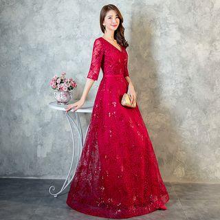 Lace Elbow Sleeve Evening Gown